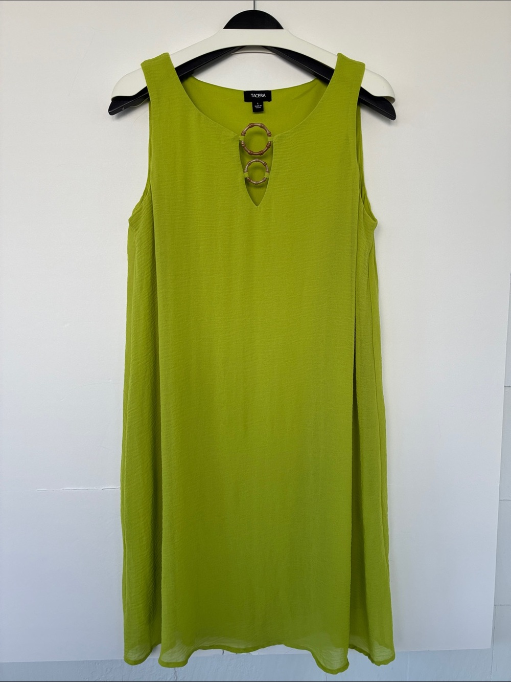 Tacera Sleeveless Shift Green Dress with Faux Bamboo Ring Detail Large